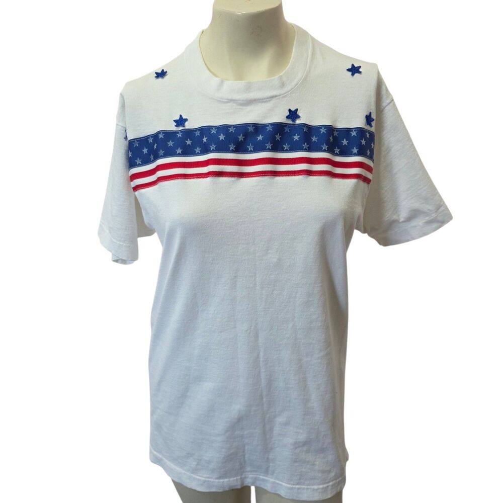 Vintage Single Stitch Patriotic USA Flag Star Graphic‎ T Shirt Womens Large